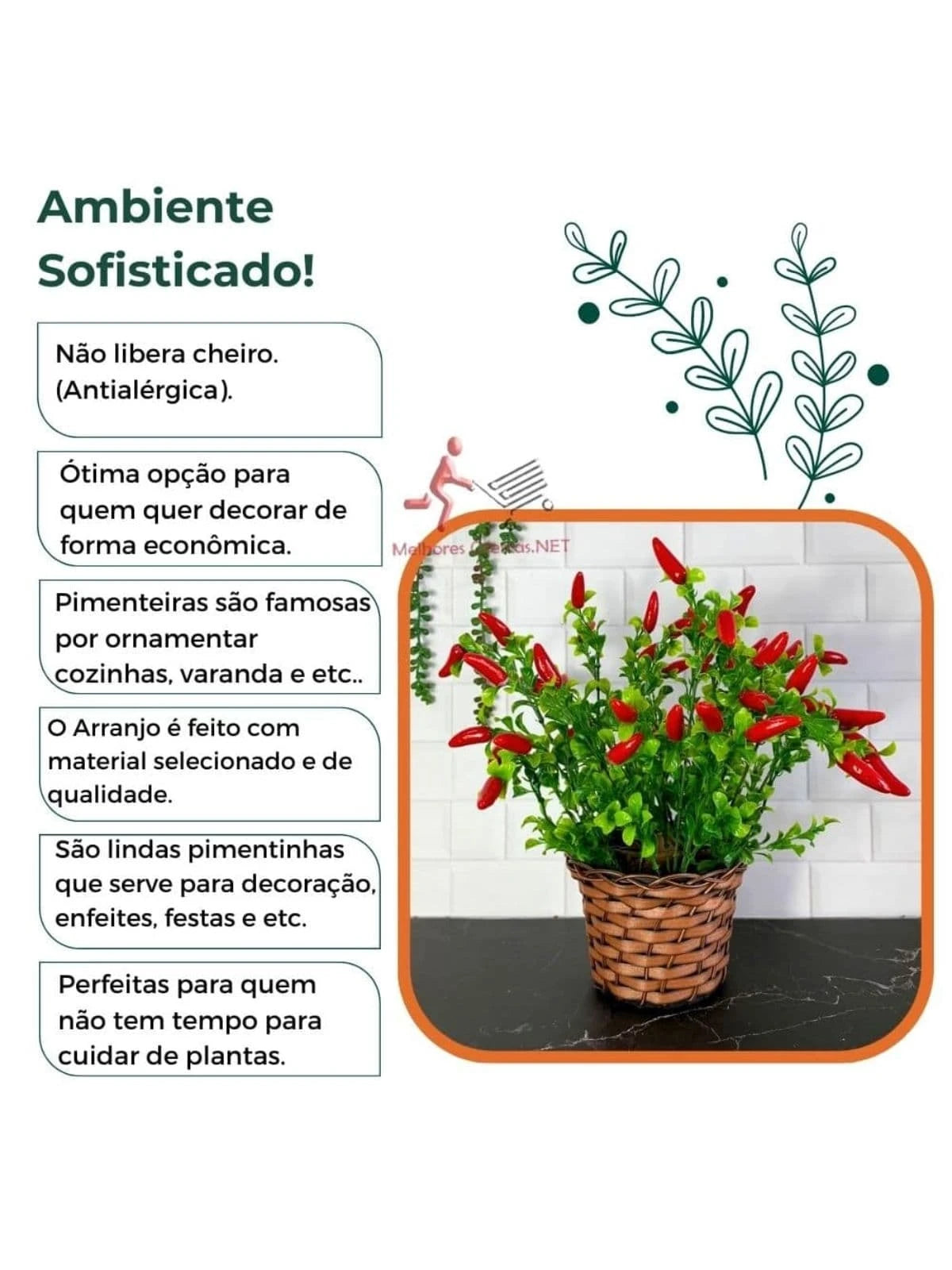 Arranjo de Pimenta Artificial Vermelha em Vaso de Palha