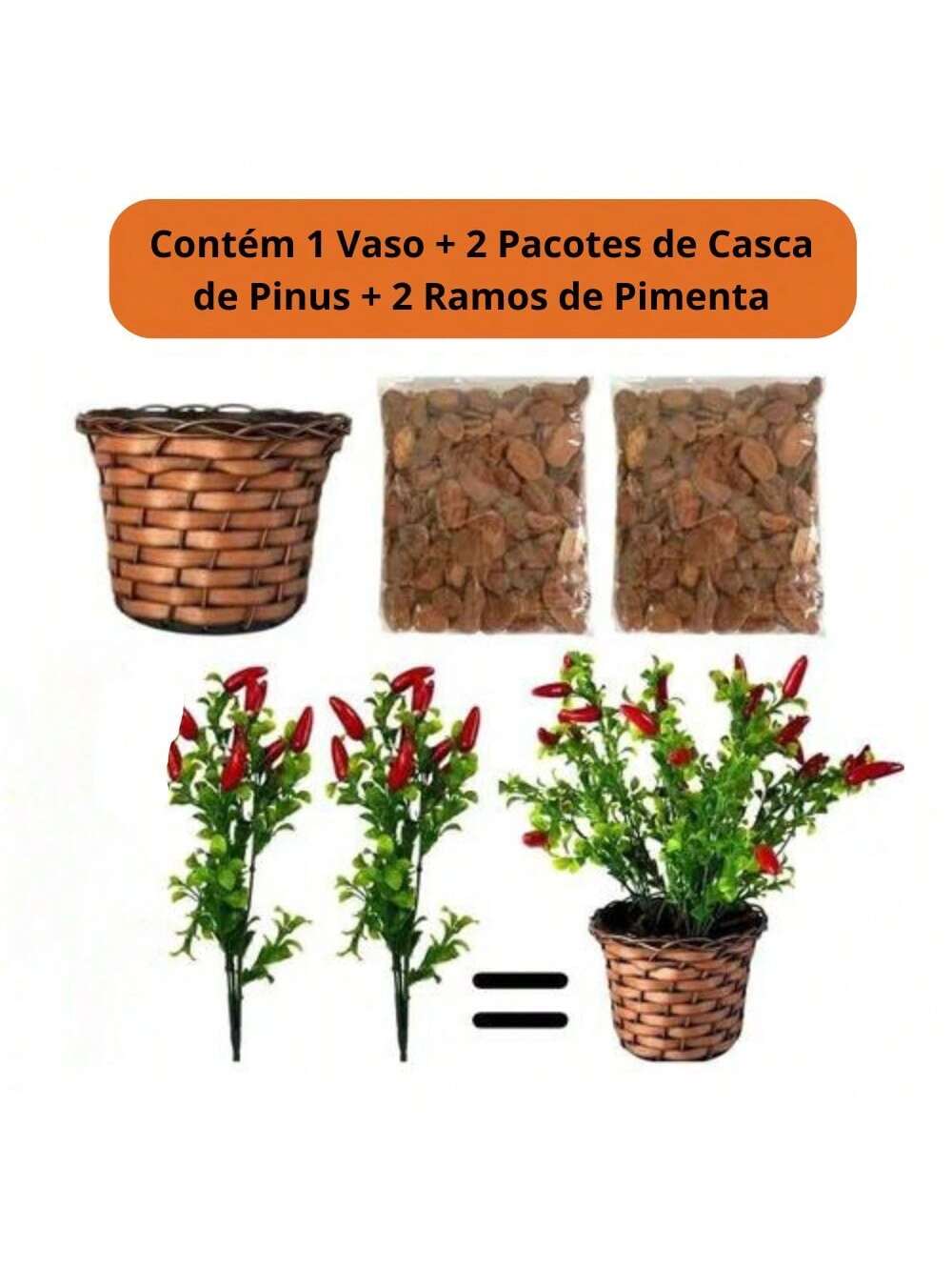 Arranjo de Pimenta Artificial Vermelha em Vaso de Palha